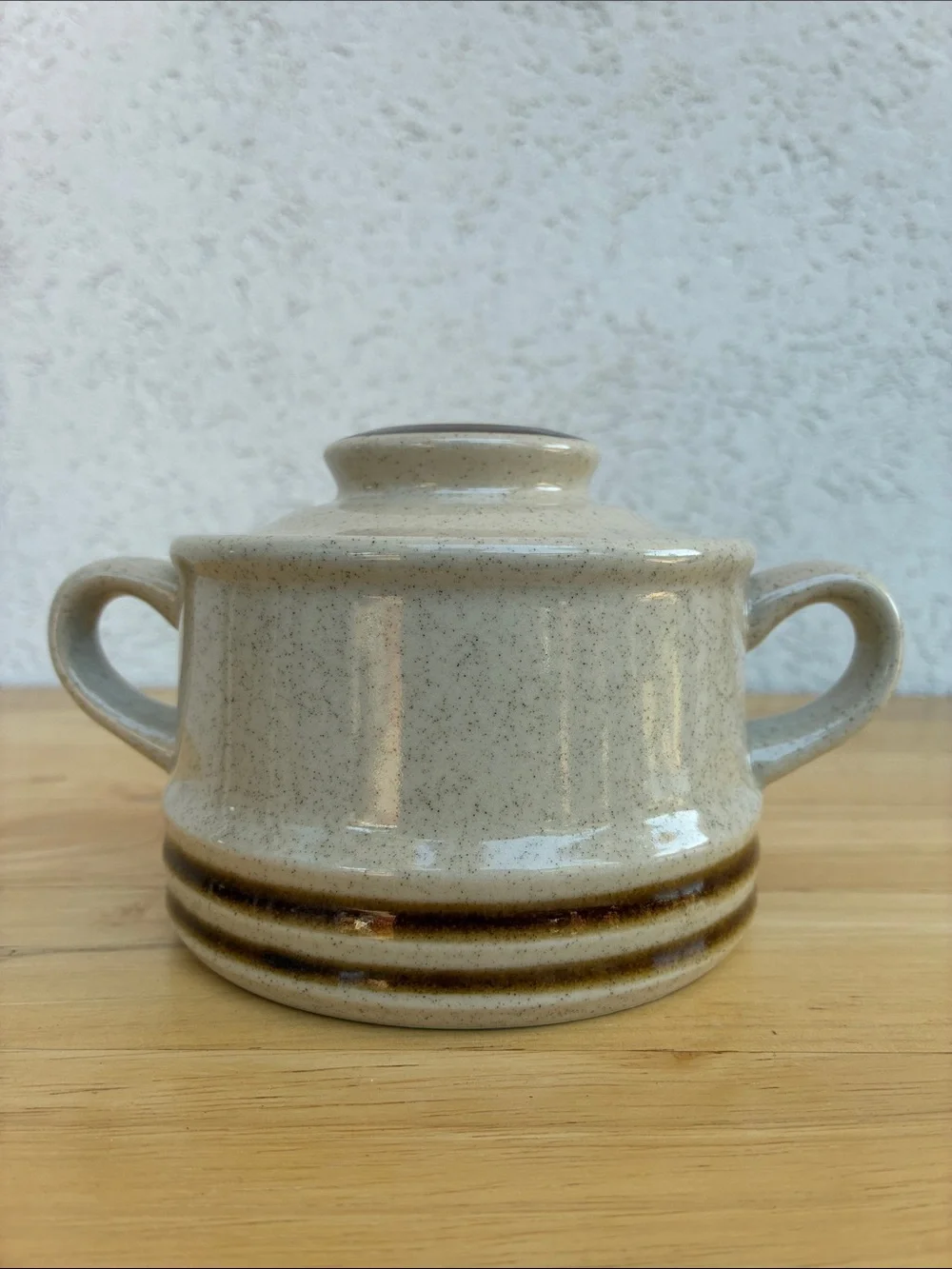 Vintage Stoneware Sugar Bowl speckled cream with Brown 2 handled, made in Japan